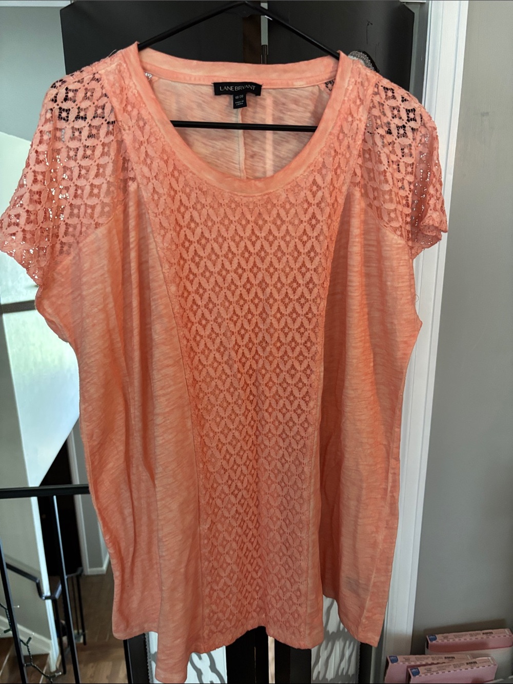 Lane Bryant Coral Peach Crochet Sleeve Knit Top